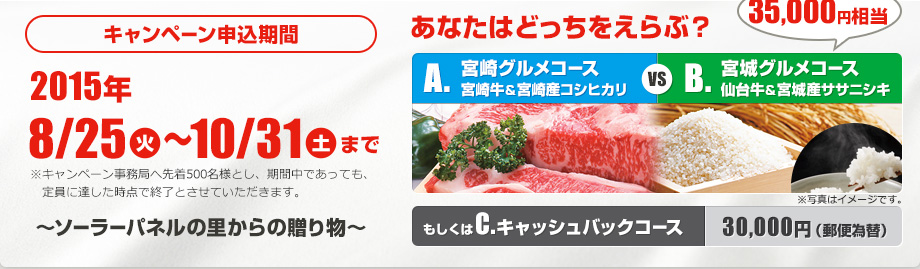 キャンペーン申込期間　2015年4/25土～8/24月まで～ソーラーパネルの里からの贈り物～あなたはどっちをえらぶ？35,000円相当　A.宮崎グルメコース宮崎牛＆宮崎産コシヒカリVS　B.宮城グルメコース仙台牛＆宮城産ササニシキもしくはC.キャッシュバックコース　郵便為替で30,000円